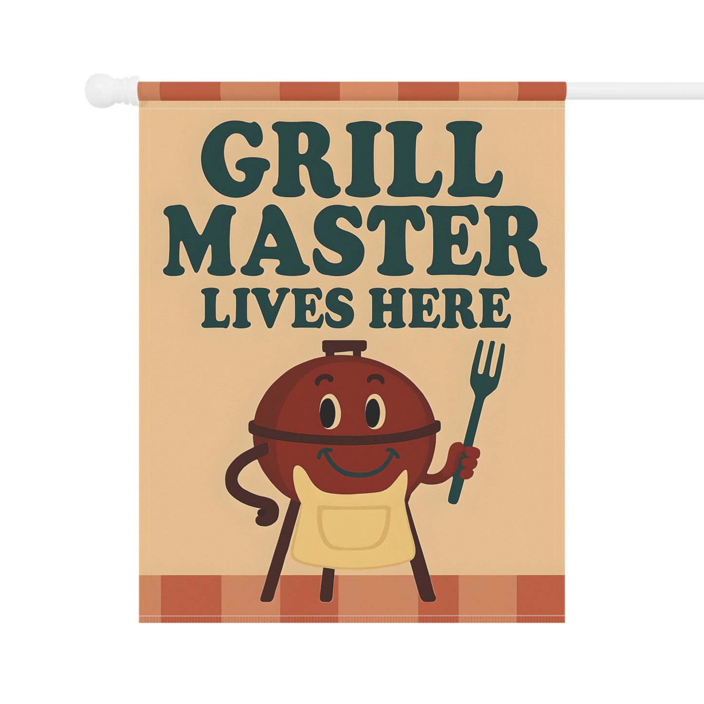 Garden flag with 'Grill Master Lives Here' text and cartoon style image of a smiling grill holding a grill fork.