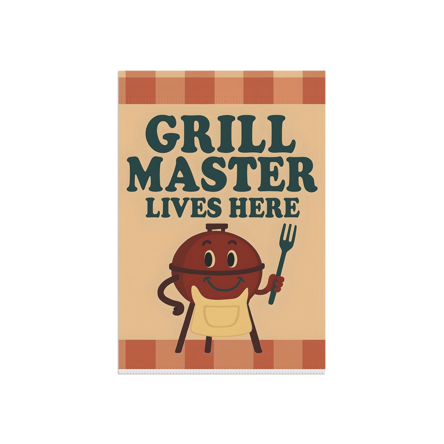 Garden flag with 'Grill Master Lives Here' text and cartoon style image of a smiling grill holding a grill fork.