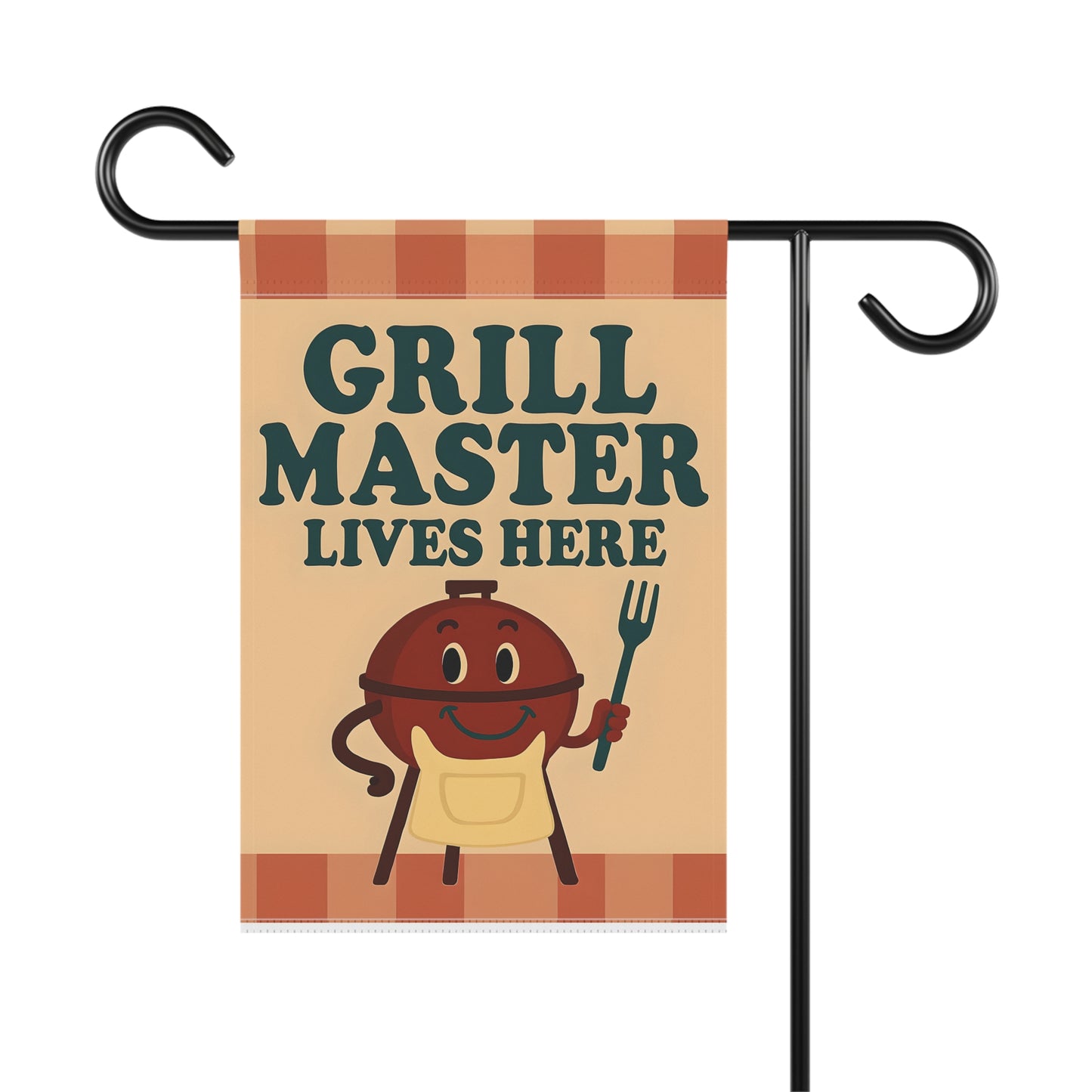 Garden flag with 'Grill Master Lives Here' text and cartoon style image of a smiling grill holding a grill fork.