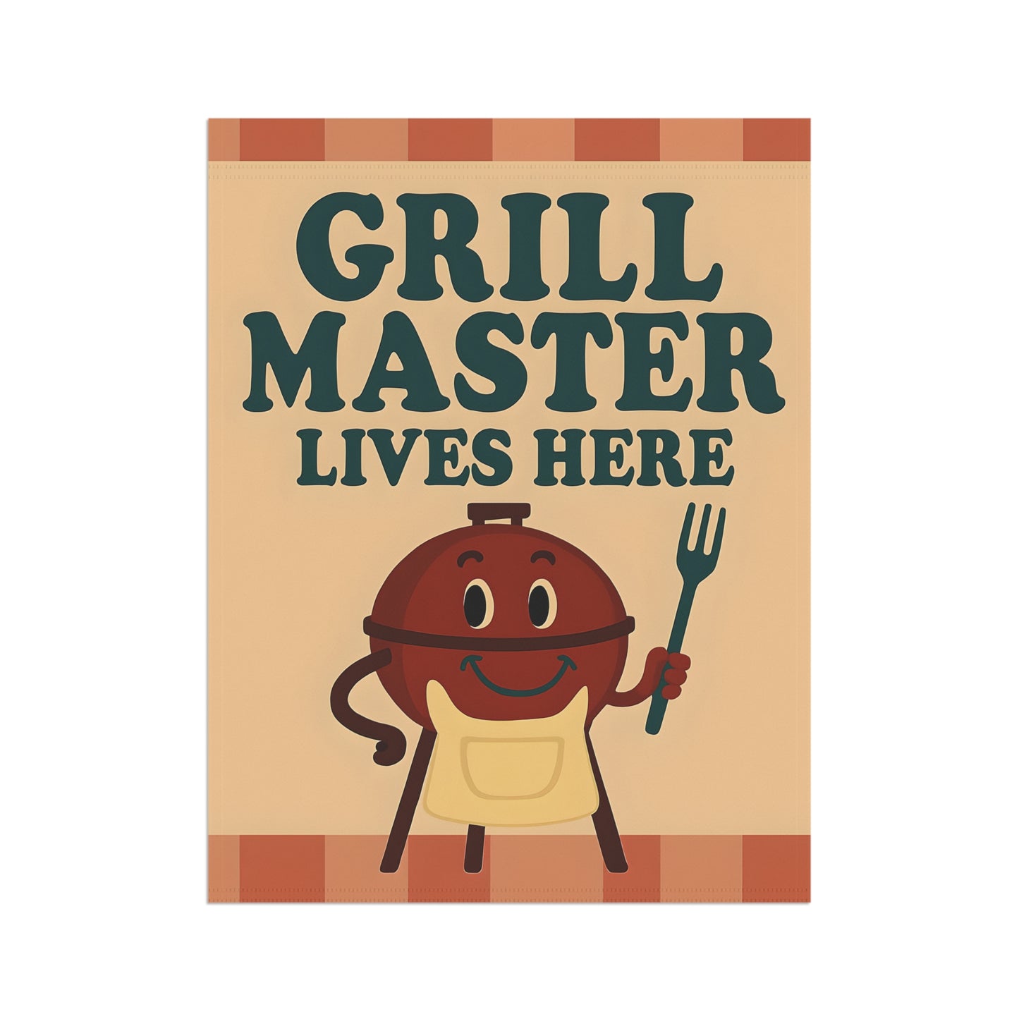 Garden flag with 'Grill Master Lives Here' text and cartoon style image of a smiling grill holding a grill fork.