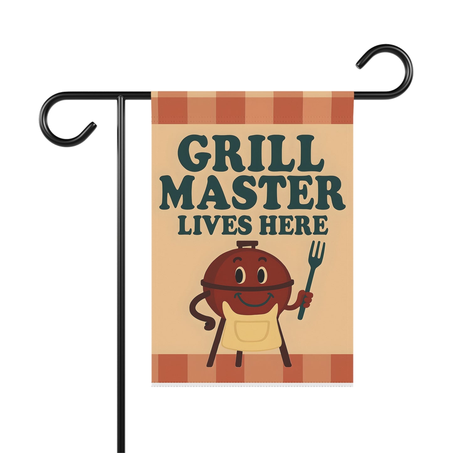 Garden flag with 'Grill Master Lives Here' text and cartoon style image of a smiling grill holding a grill fork.