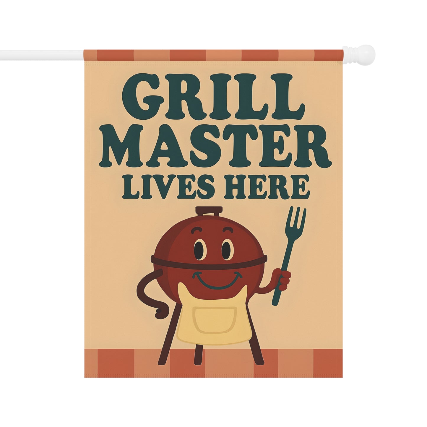 Garden flag with 'Grill Master Lives Here' text and cartoon style image of a smiling grill holding a grill fork.