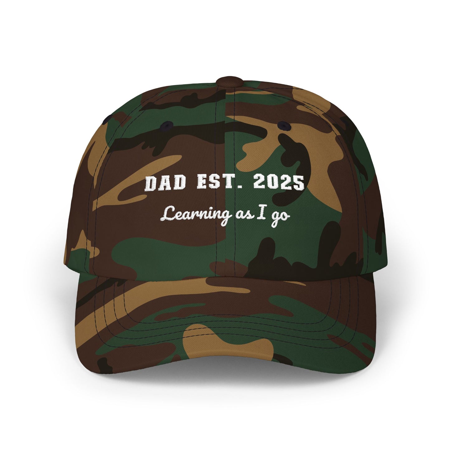 Customizable year, Camouflage cap with text 'DAD EST. 2025 Learning as I go' in a white text